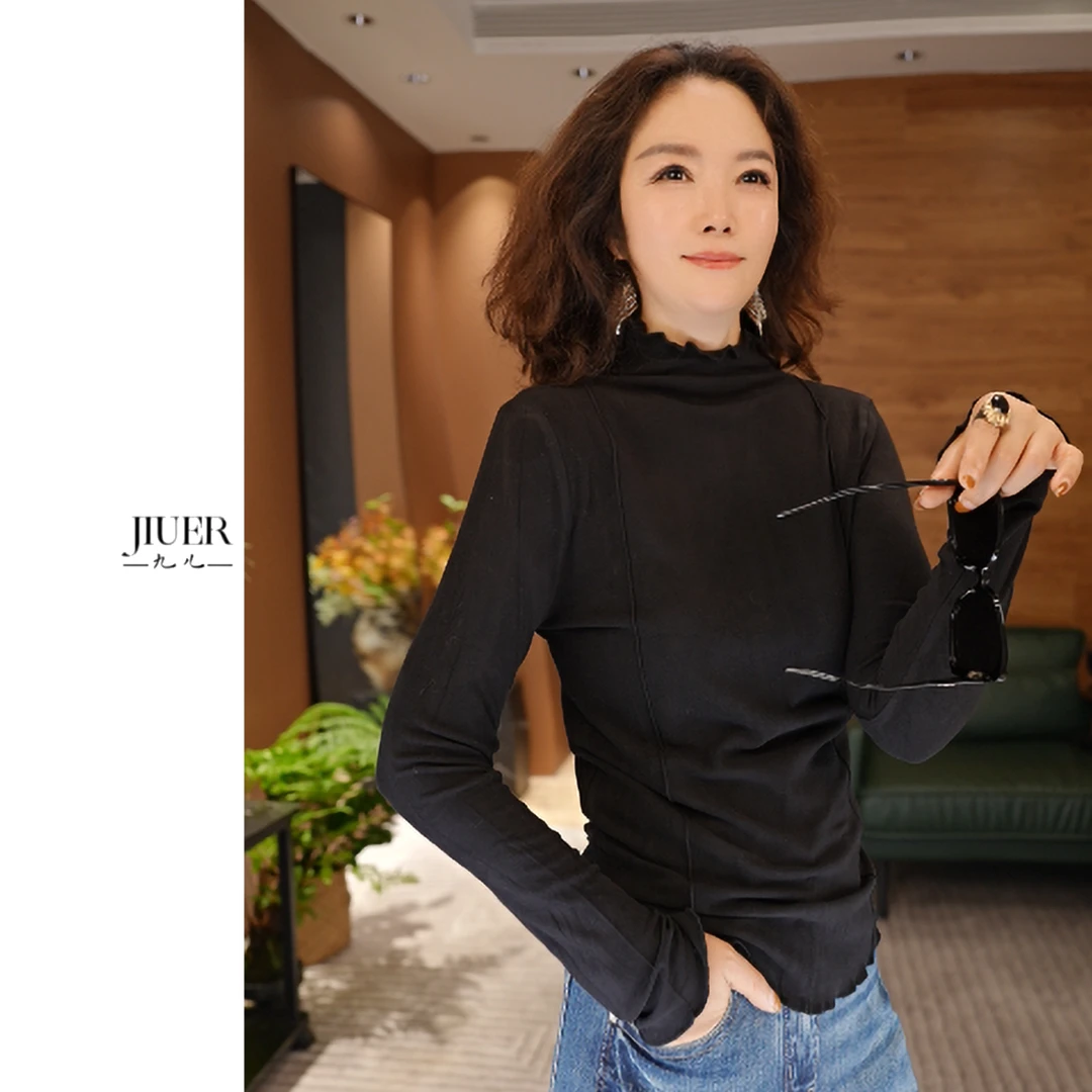 JIUER木耳边半高领打底衫鱼骨线设计厚款软纯色长袖秋冬内搭3248