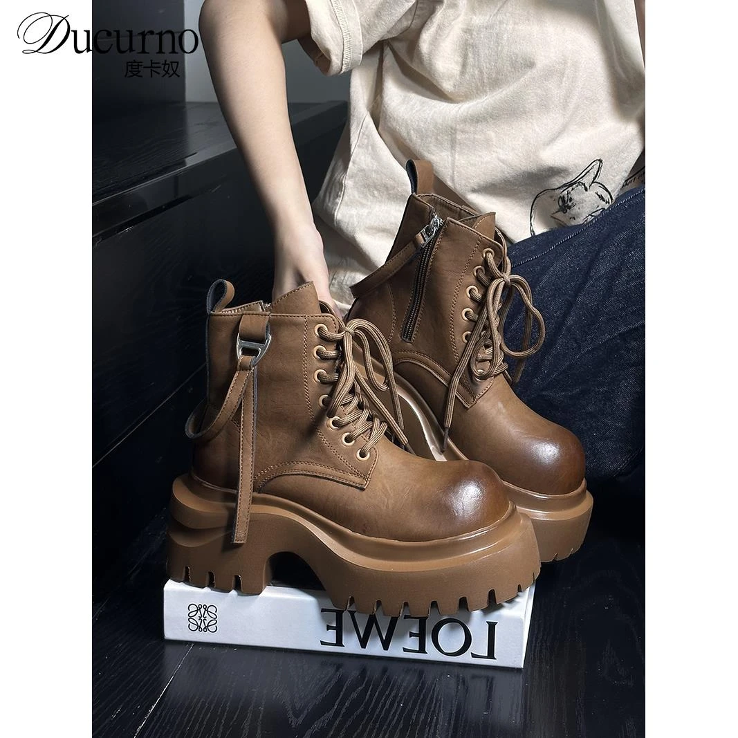 复古真皮擦色大头松糕厚底马丁靴女小个子增高小短靴机车靴大黄靴