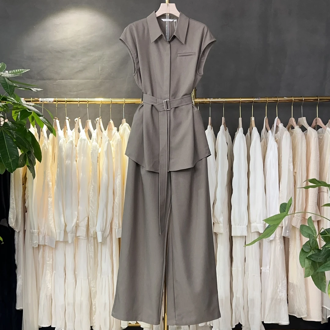 A368 夏季新款通勤休闲时尚套装飞飞袖设计显瘦气质两件套女灰色