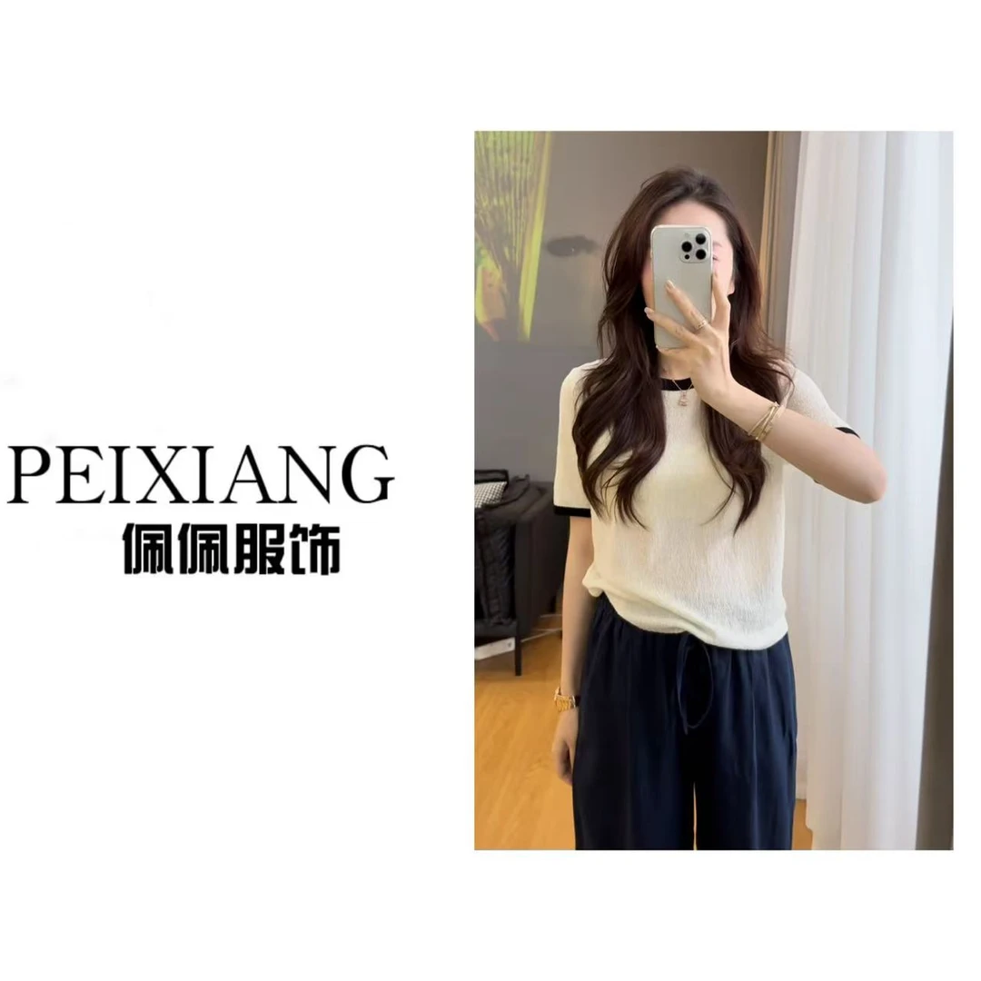 佩佩JA 【莱赛尔针织衫】拼色短袖针织衫 G11018 6066047气质时尚