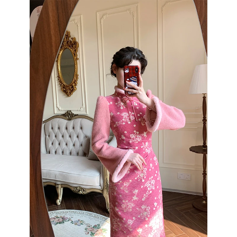 一生罗曼【花间晚照】别致提花秋冬新款气质拼接旗袍连衣裙L1653