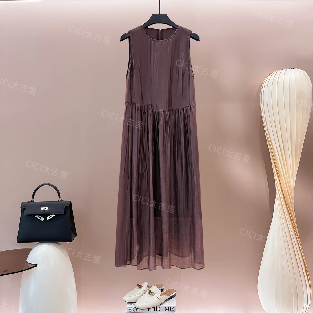 法式鎏金 复古轻奢简约高级感桑蚕丝无袖设计连衣裙LL-6000126