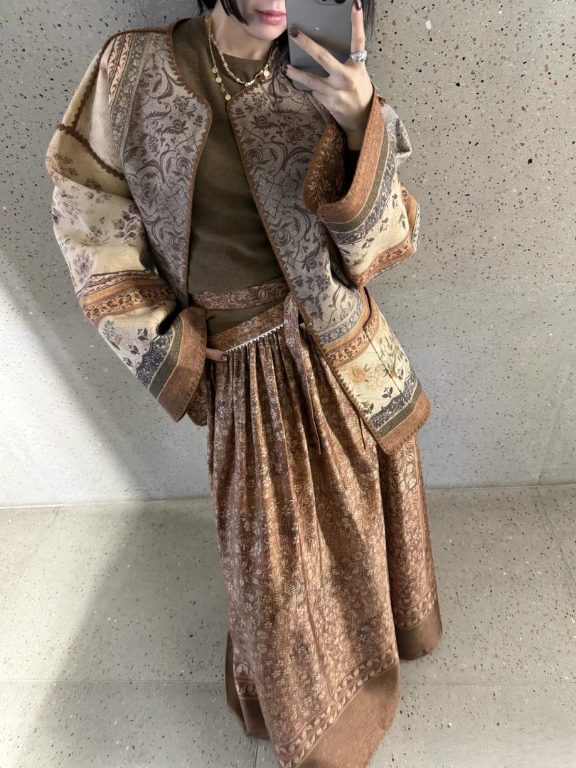 深圳南油原创2026春季中式美学高级棕色调繁花一片式围裙半身裙