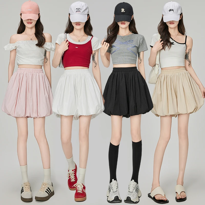 2025春夏新款休闲纯色百搭防走光花苞裤松紧高腰a字短裤裙女