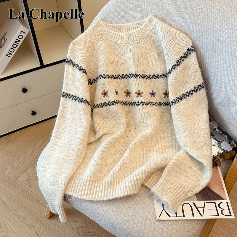 拉夏贝尔秋冬款韩版宽松慵懒撞色针织衫毛衣女设计感圆领套头上衣