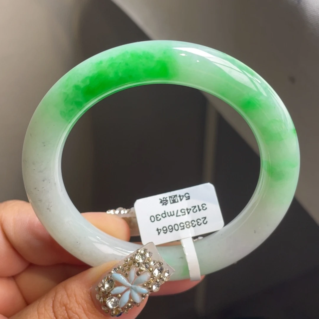 翡翠未镶嵌手镯细糯白底青圆条手镯