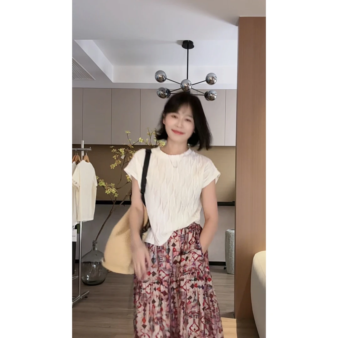 大鱼定制 薄款针织短袖女T恤独特漂亮提花上衣