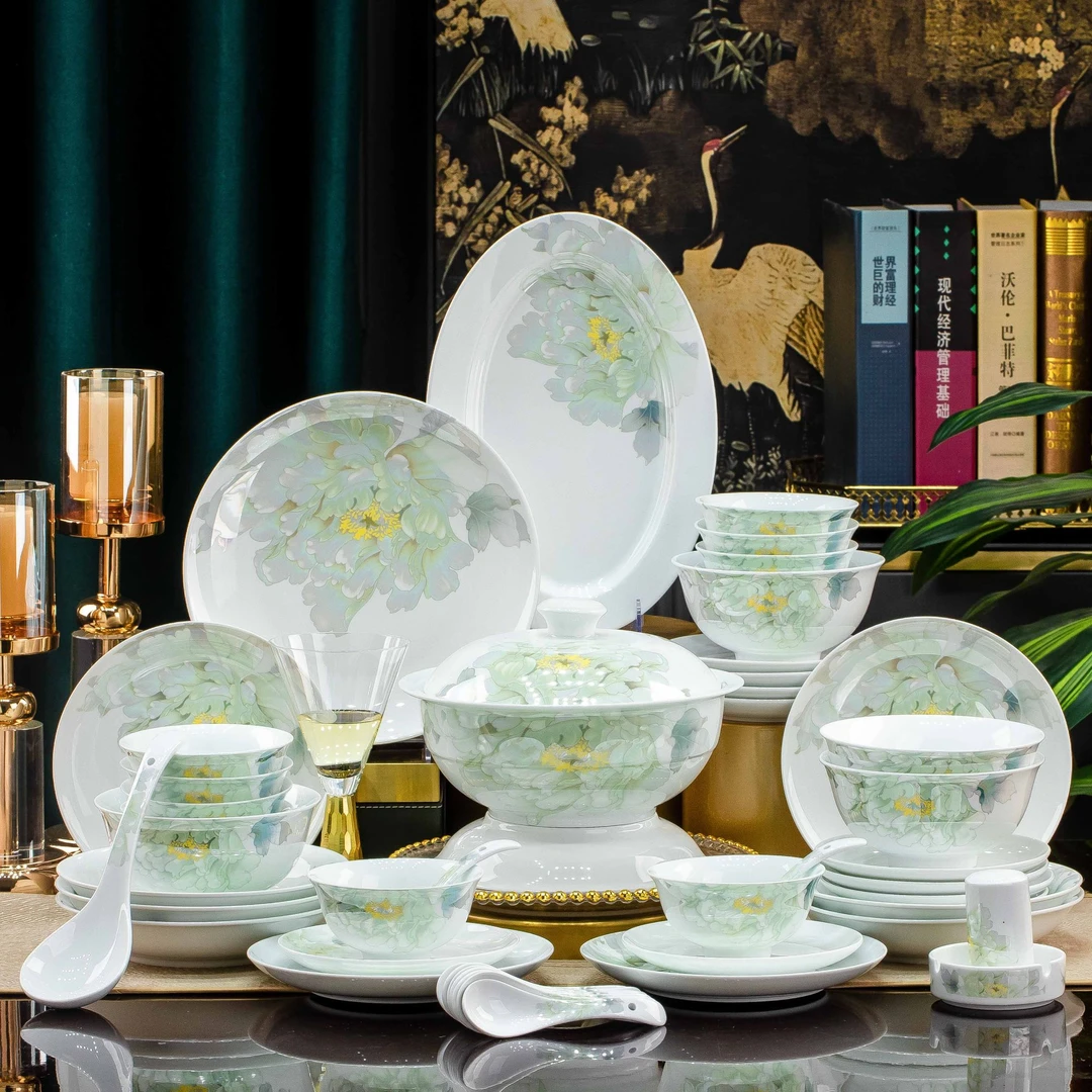 梧之栗景德镇本地高白瓷国韵牡丹乔迁送礼不挂油碗碟套装碗盘餐具