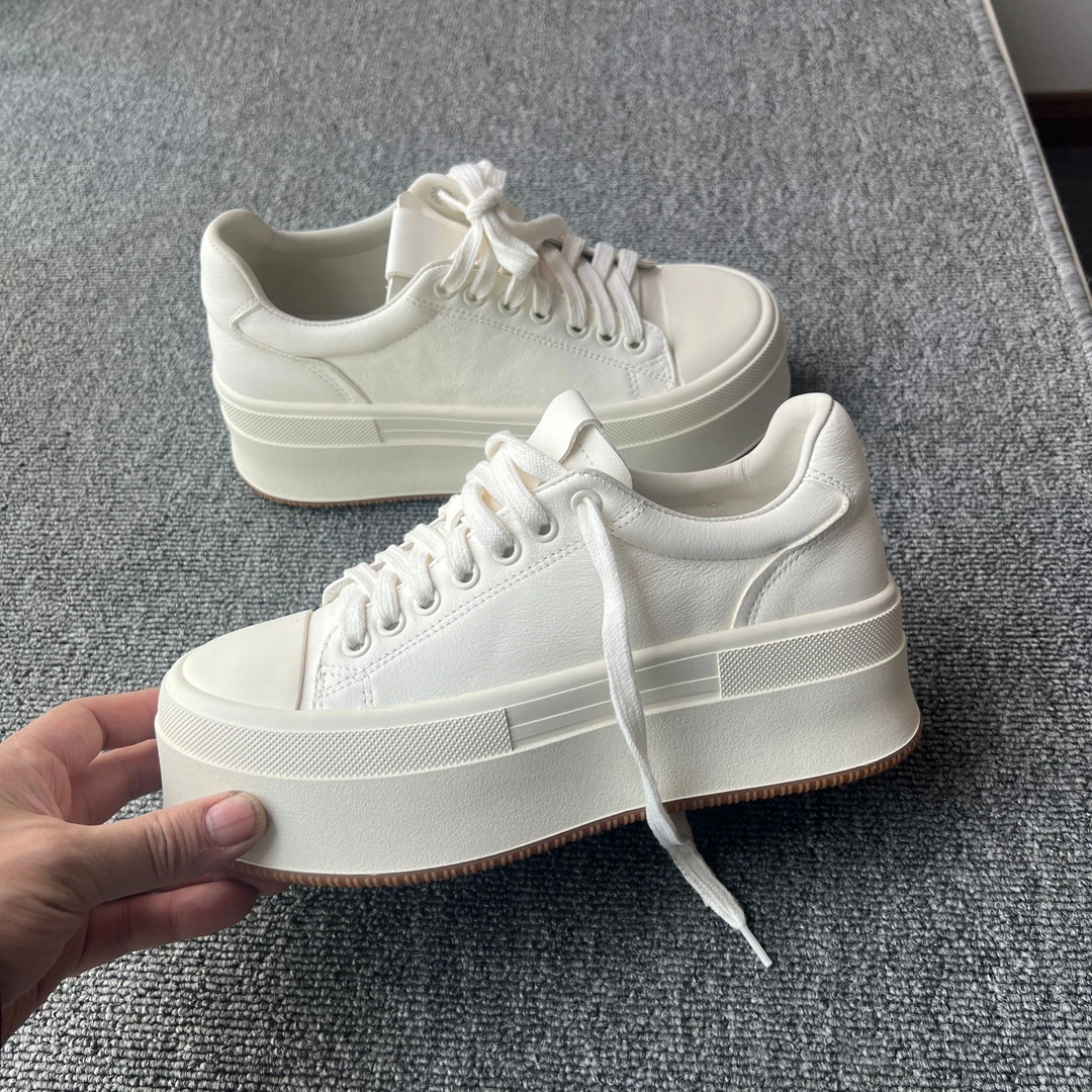 2025春欧洲站百搭ins潮休闲鞋女厚底6CM增高真皮小白鞋系带板鞋