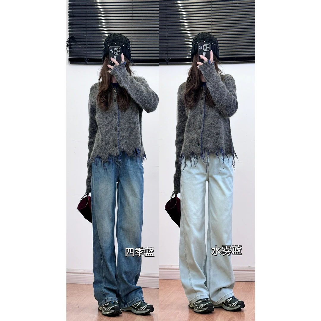 【蓝调时光】时髦牛仔裤女装秋季新款设计感分割百搭宽松女士裤子