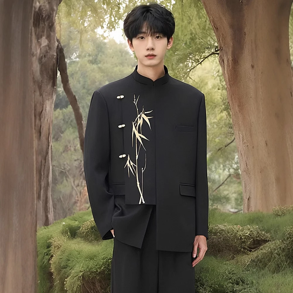 新中式男士礼服订婚礼不规则西装套装国风立领金竹刺绣中山装西服