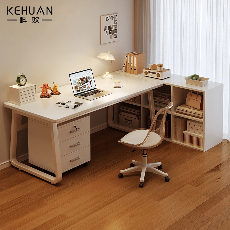 电脑桌家用极简办公桌女生卧室奶油风化妆桌子文件柜书架组合书桌