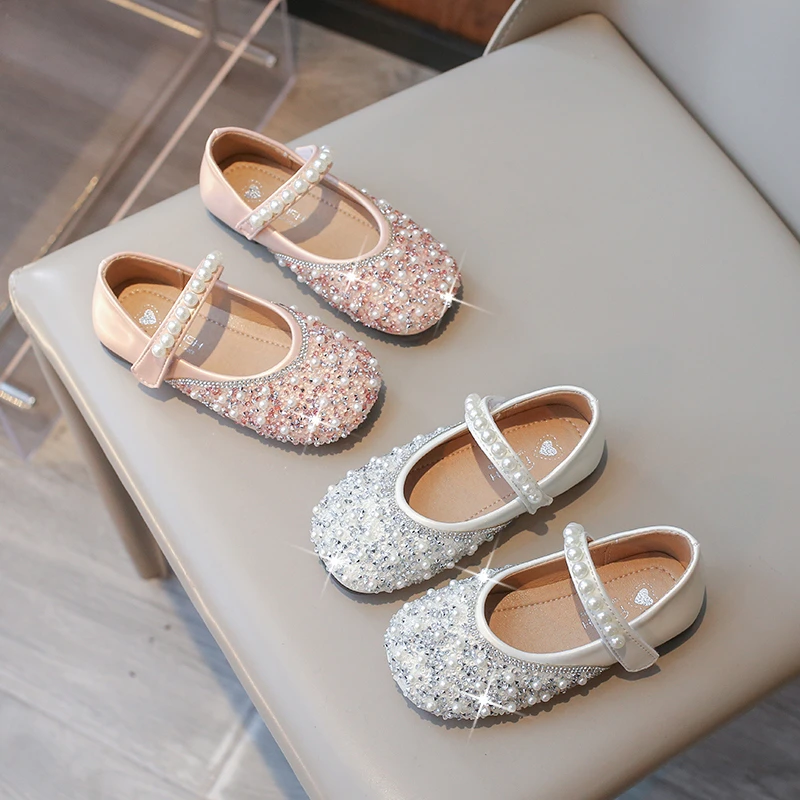 女童公主鞋春秋2025新款儿童水晶鞋小皮鞋软底女孩鞋