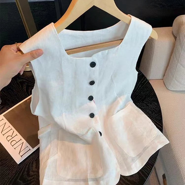 老钱风方领白色亚麻背心女2025夏款设计感高级马甲法式坎肩外套薄