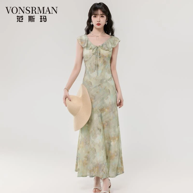 法式温柔小女人气质优雅荷叶边小飞袖连衣裙高级感长款印花裙子女