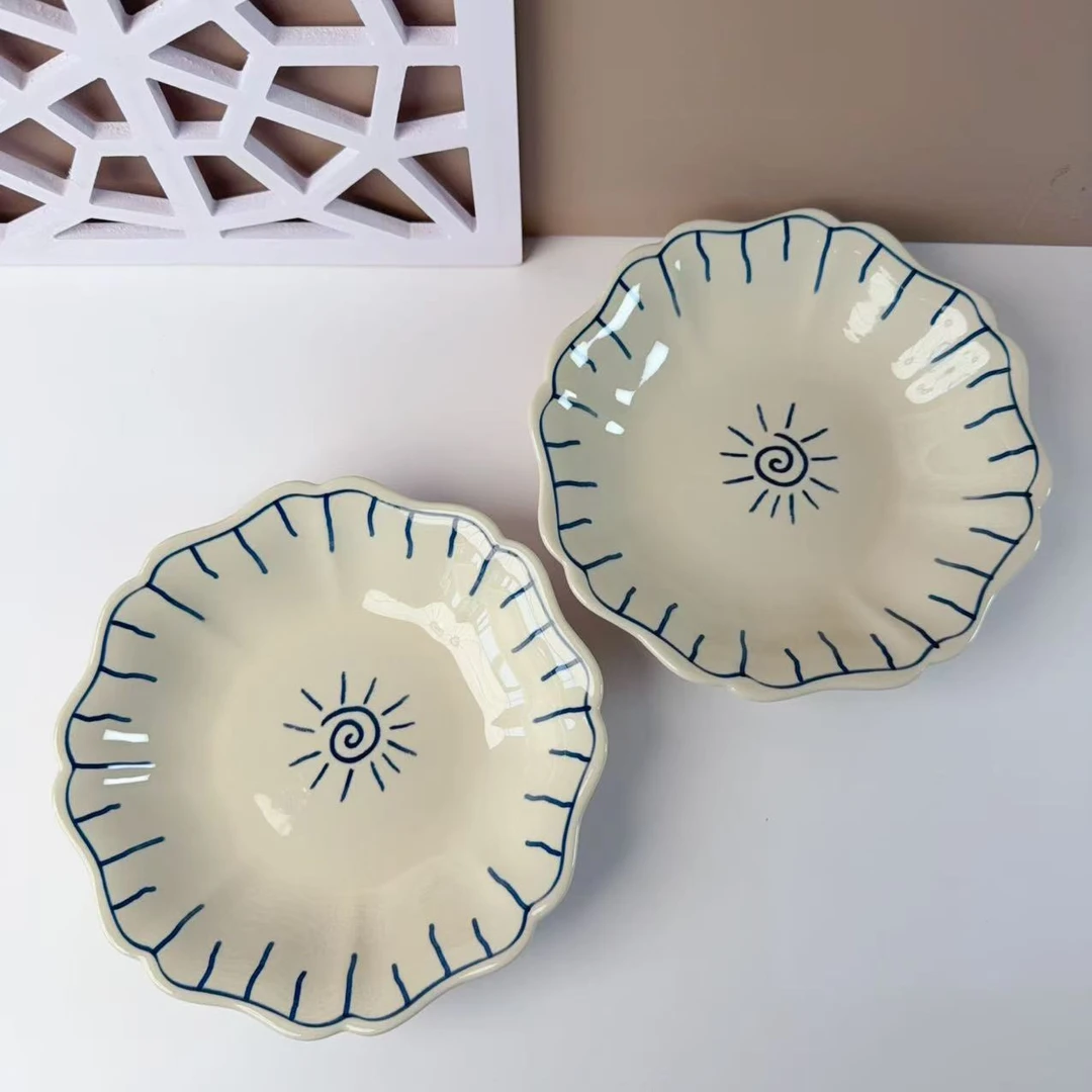 1216纯高温釉下彩欢乐鱼8.3英寸荷意八角盘子两只装长21.5高4.3