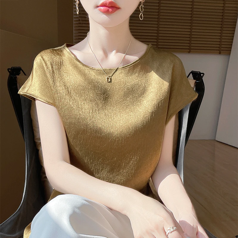 【现货宠粉】新款圆领短袖女缎面纯色肌理感小众夏季打底上衣轻奢薄