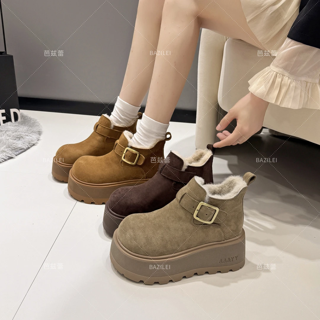 鞋子女2025冬季新款皮带扣厚底切尔西短靴圆头保暖时尚厚底雪地靴