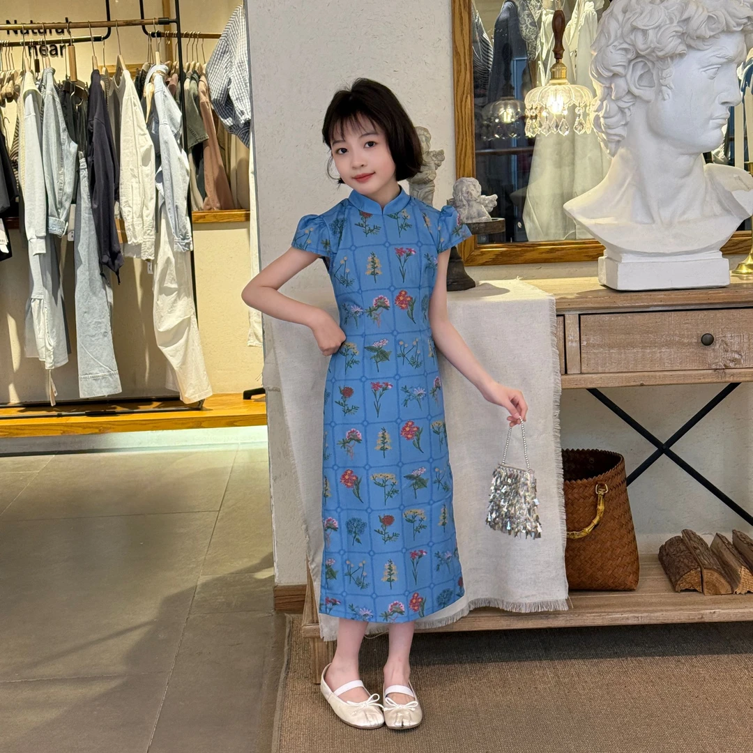 蓝色花束连衣裙新中式国风女童2025新款甜酷气质高端无袖收腰长裙