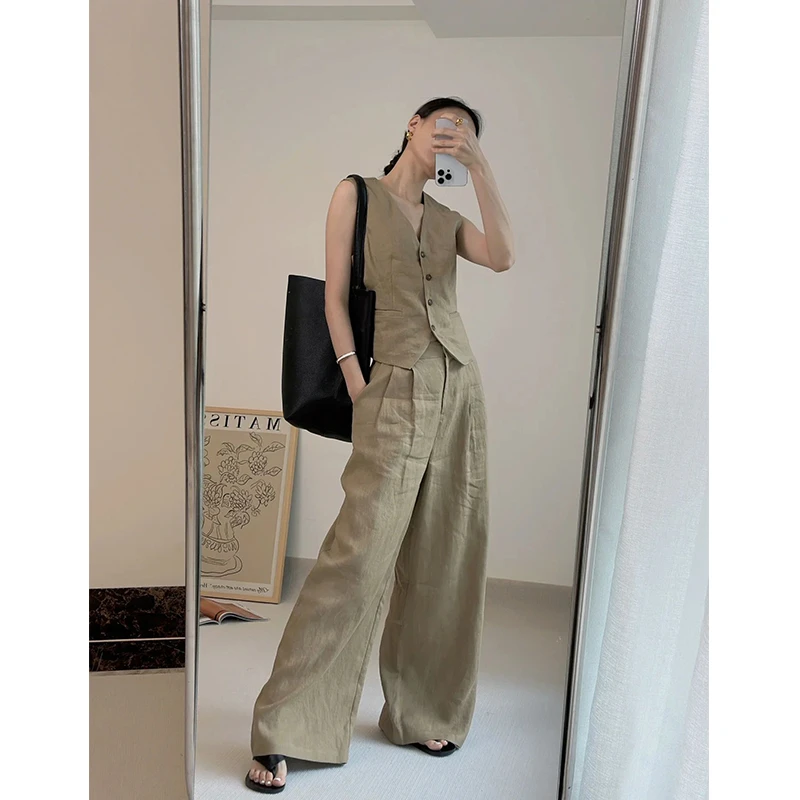 老钱风高级感亚麻卡其色马甲套装夏季麻料阔腿裤两件套时髦棉麻女