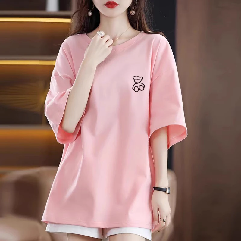 粉色棉中长款短袖t恤女夏装新款小熊遮臀圆领遮肉显瘦大码上衣