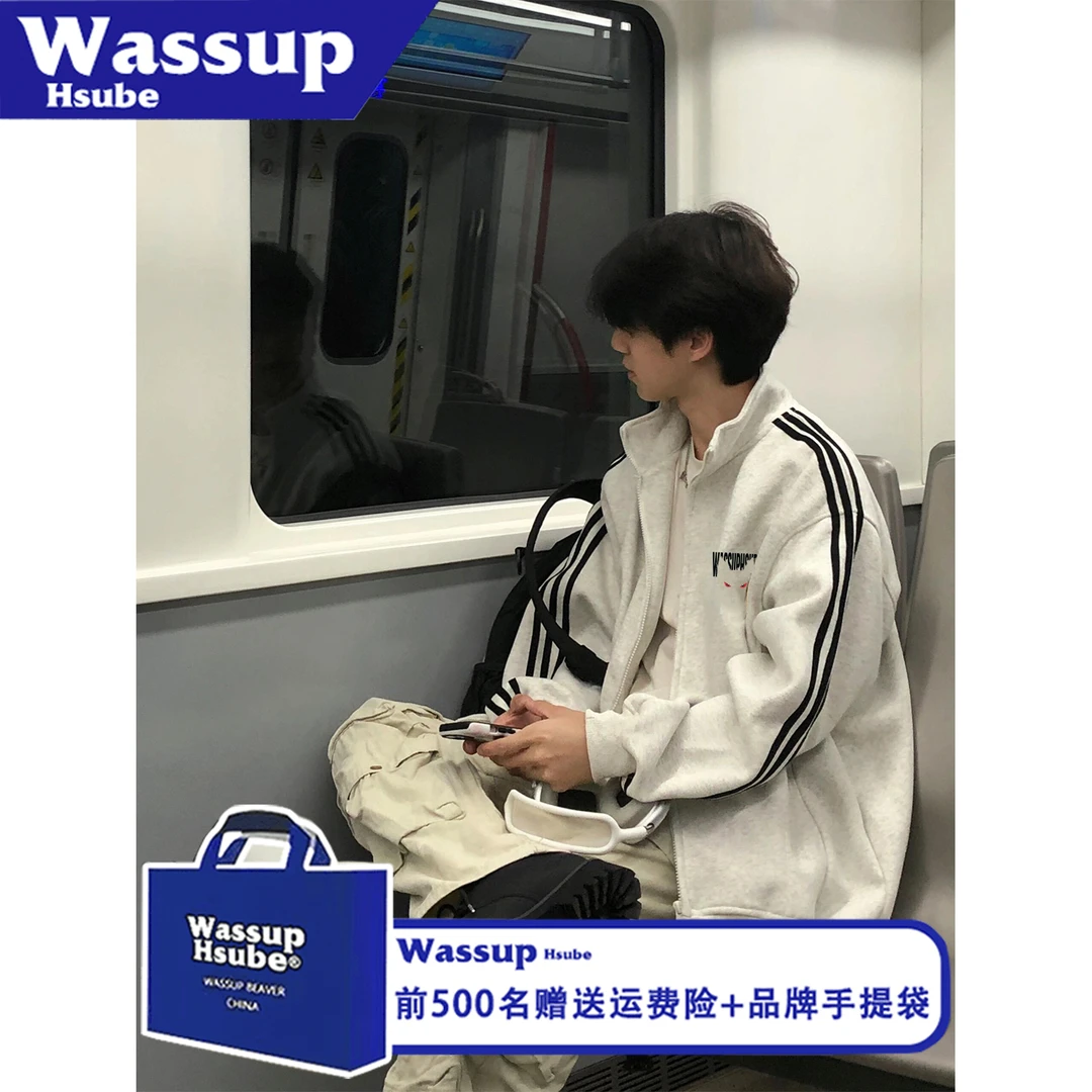 WASSUP HSUBE宽松潮流印花卡通字母三条杠长袖秋冬拉链情侣上衣