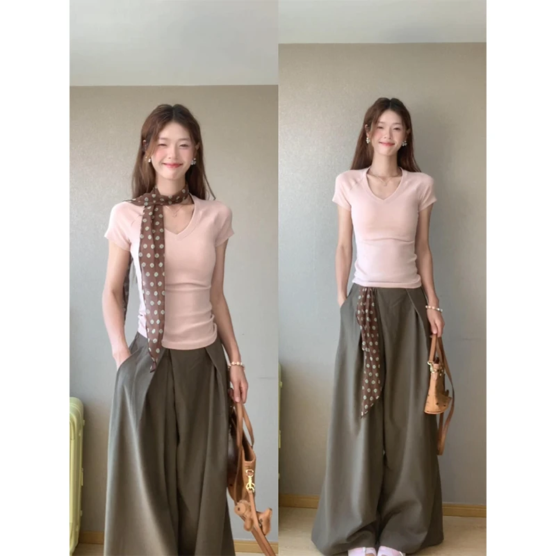 2025新款女士春夏季时尚穿搭修身显瘦V领针织上衣高腰宽松阔腿裤