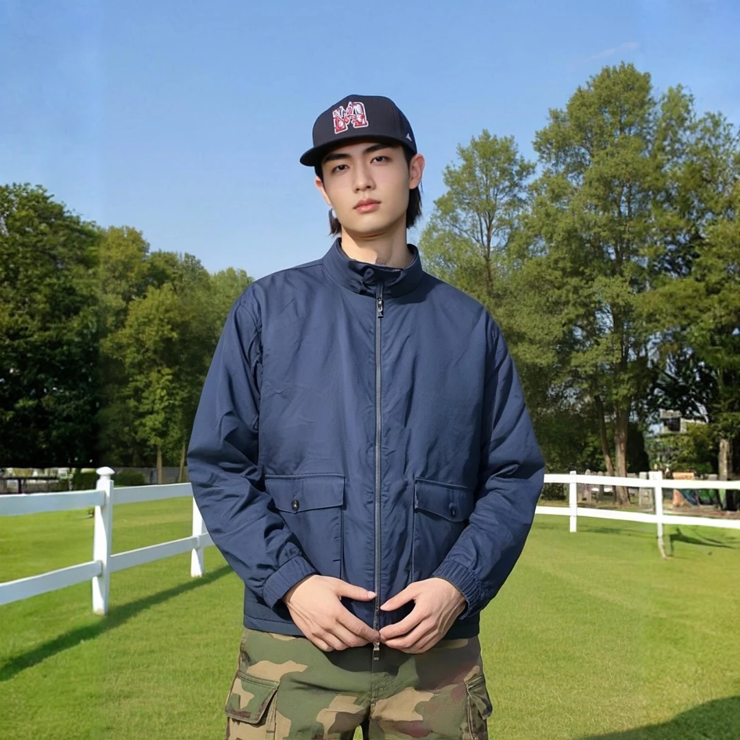 蓝色立领简洁款短款棉服夹克外套
