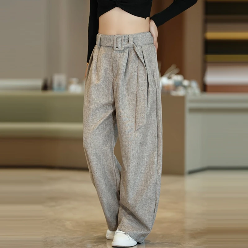 老钱风男士休闲裤秋季暖调垂感休闲西裤男潮牌打褶弯刀宽松阔腿裤