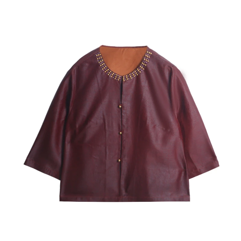 30姆米满分桑蚕丝红油皮子红云纱刺绣上衣H582025Z-1