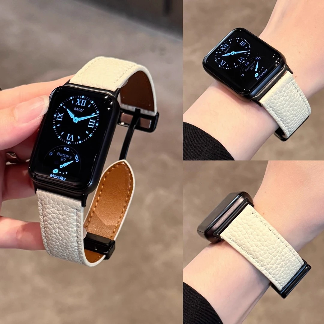 适用小米百搭款荔枝纹皮质磁吸扣手环表带小米8pro9pro红米watch5