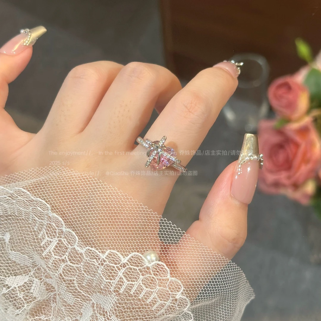 铜合金亚克力戒指 C458超仙气质粉钻心形轻奢戒指女高级网红精致