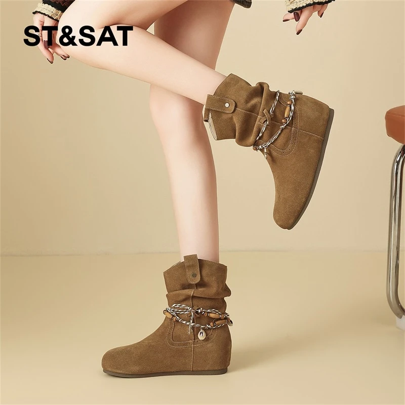 星期六时装靴女款2025秋季新款串珠复古堆堆靴舒适显瘦内增高短靴
