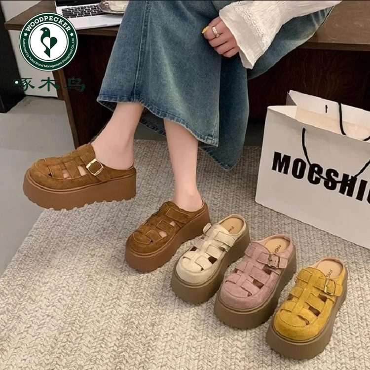 啄木鸟厚底增高6cm勃肯鞋女包头半拖鞋夏外穿新款一脚蹬凉拖鞋