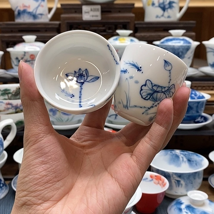 手绘荷花主人杯75cc➕内外绘客杯65cc釉下彩微瑕福利款