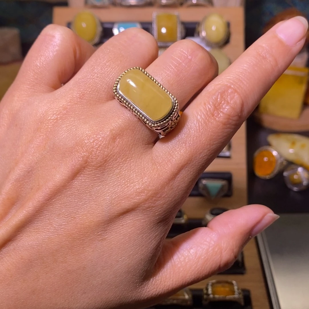 蜜蜡戒指银S925镶嵌郭*