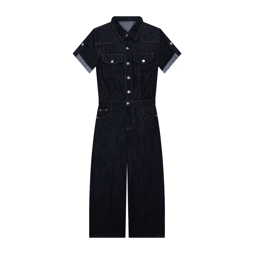 港风复古牛仔连体裤女夏休闲阔腿显瘦拖地工装连身裤