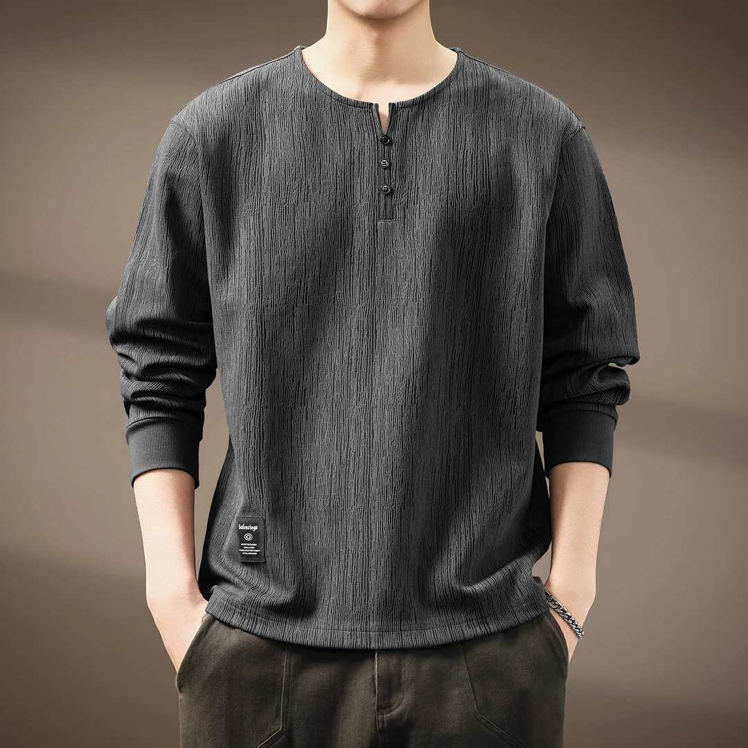 高端美式复古亨利领长袖T恤男秋季新款肌理感宽松潮牌打底卫衣男