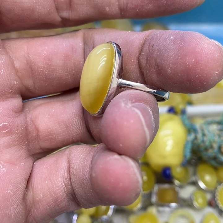 蜜蜡裸石银S925镶嵌戒指