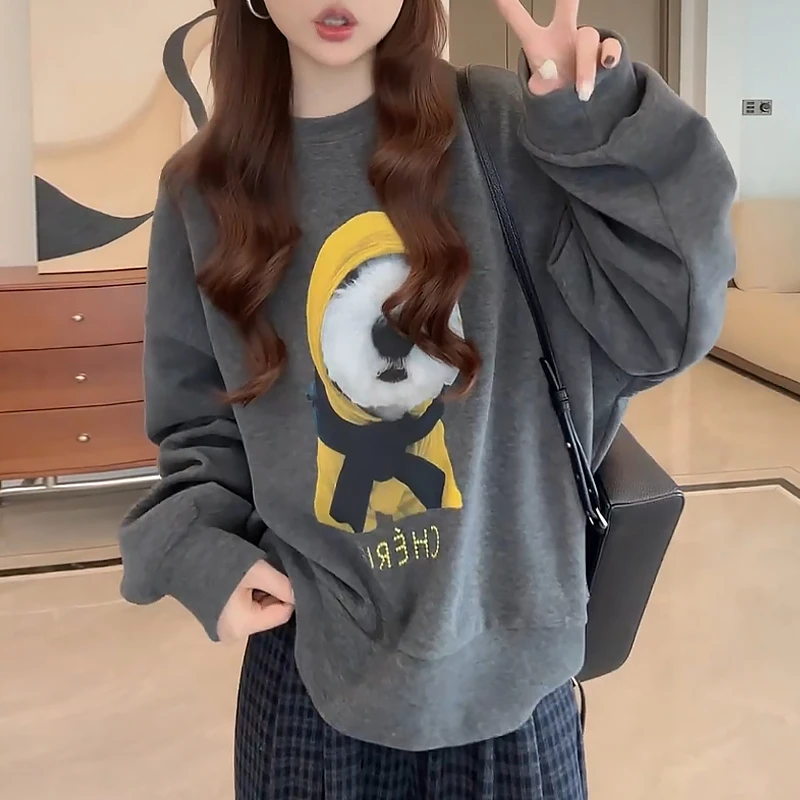 宽松慵懒圆领卡通小狗字母卫衣女2025春秋季新款美式复古休闲上衣