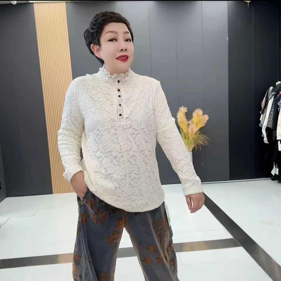 洋气百搭加绒蕾丝打底衫新款显瘦内搭上衣小衫长袖网红时尚-9990