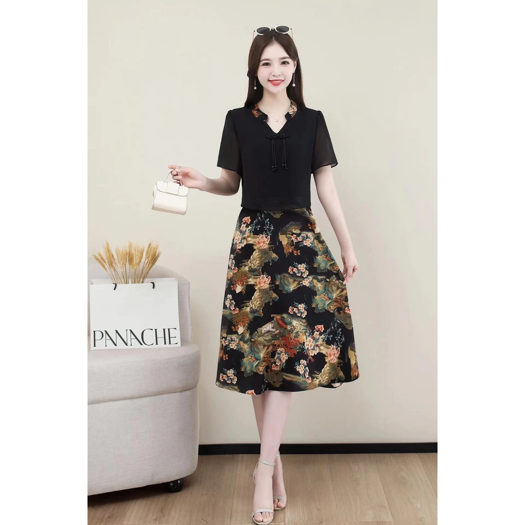 2504连衣裙夏季夏季黑色印花连衣裙时尚旗袍富婆风日奢风气质显瘦