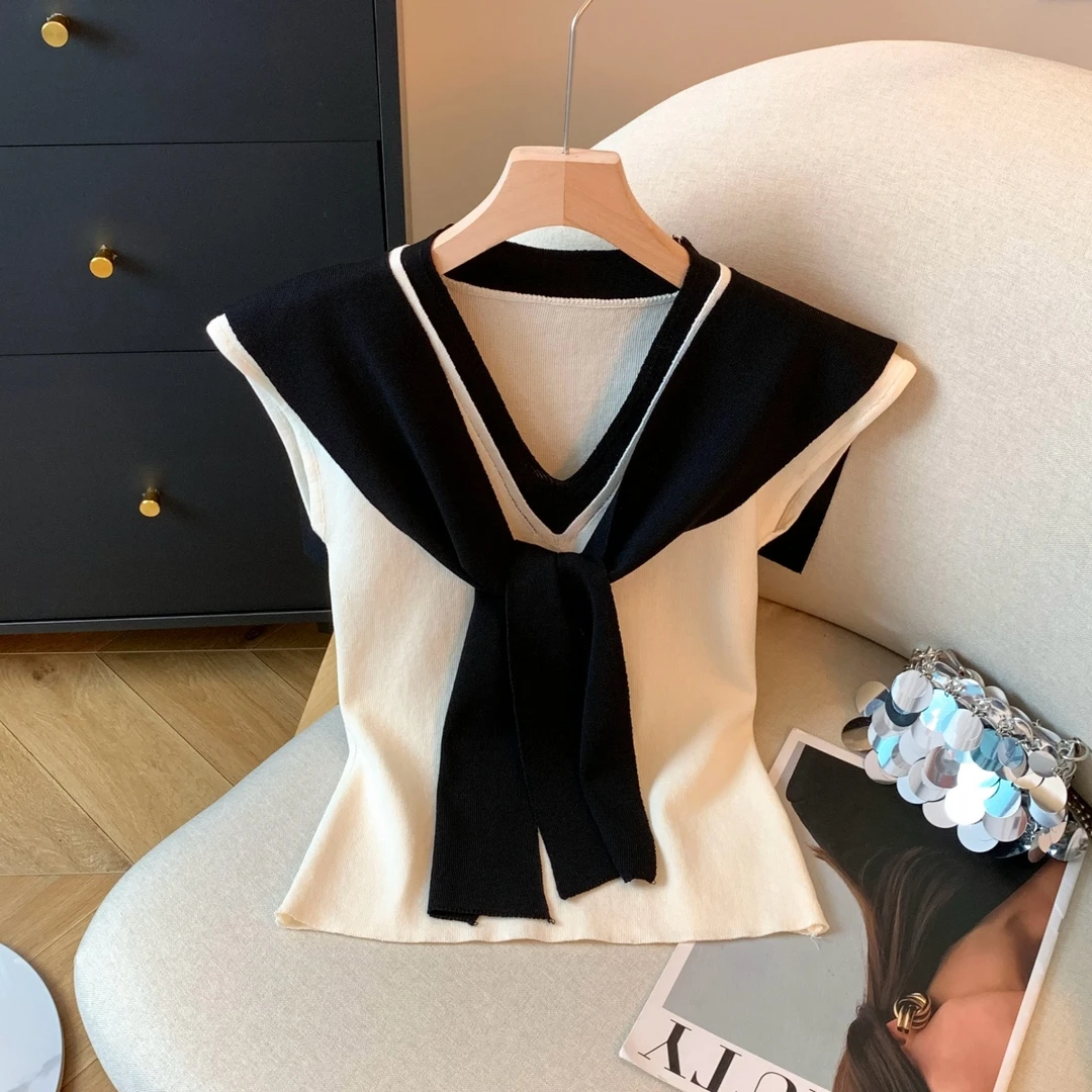 夏季2025新款小众洋气设计感带披肩V领针织T恤修身小飞袖短款上衣