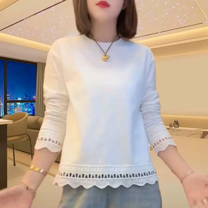 春季宽松韩系蕾丝提花上衣2025新款时尚洋气圆领休闲百搭大码T恤