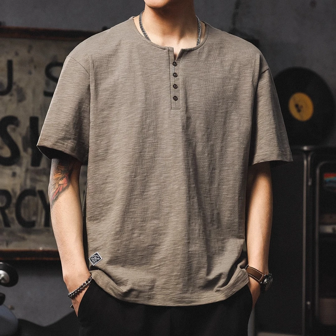 竹节棉polo衫男款2025新款夏天重磅亨利领短袖美式高街纯色打底衫