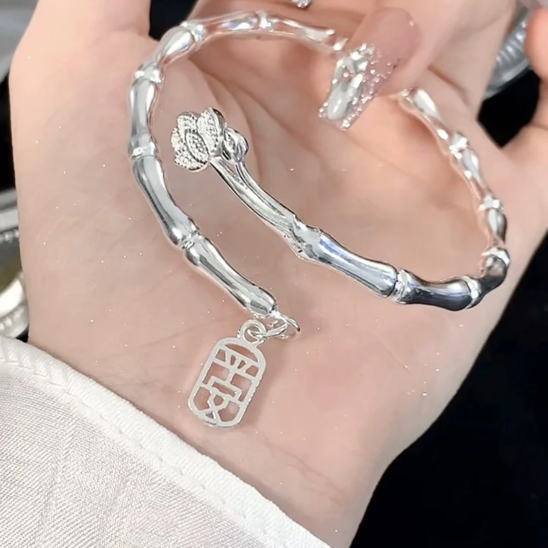 足银手镯 22号 莲花竹节开口实心足银手镯