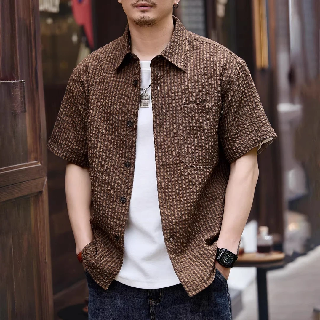 美式复古薄款泡泡纱短袖衬衫男士夏季宽松肌理感格纹衬衣男帅气