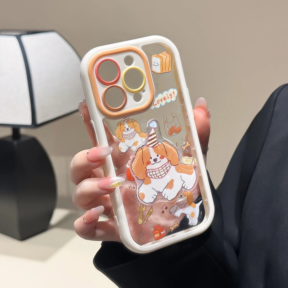 适用苹果16Promax手机壳小狗支架iPhone15奶油壳17保护壳ins卡通