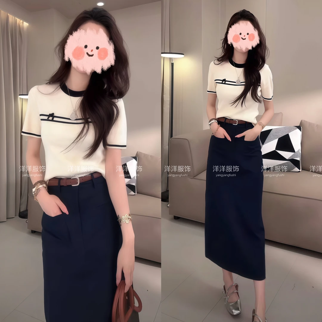 洋气休闲装2025夏季撞色短袖针织上衣T恤百搭半身裙显瘦气质套装