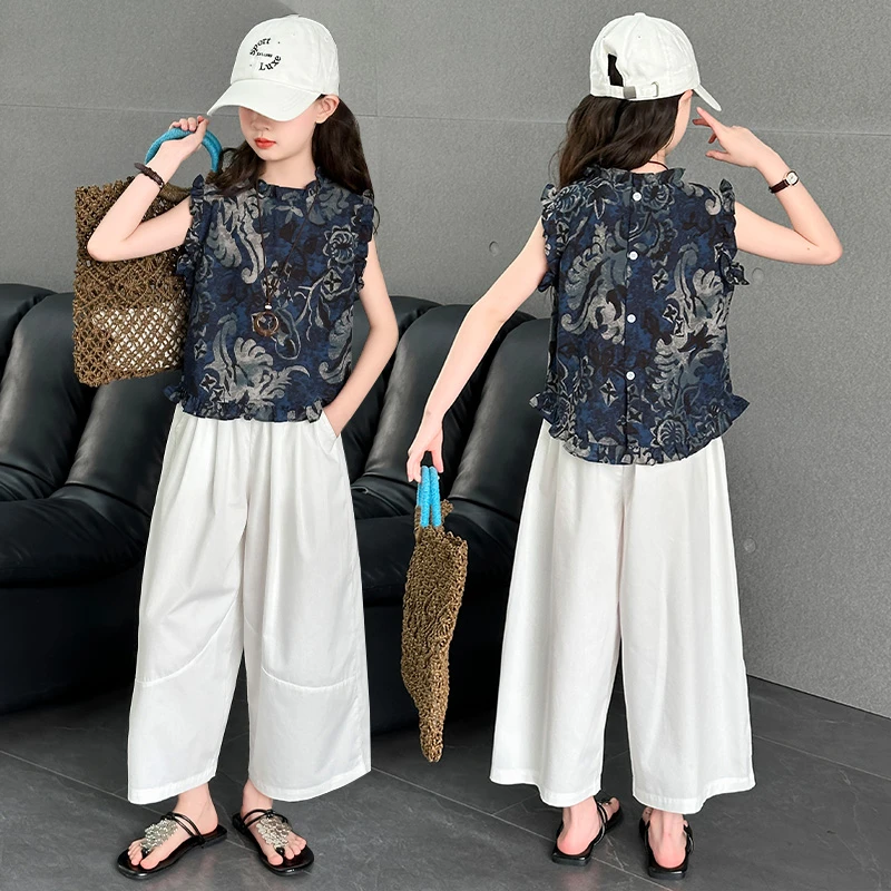 女童夏季套装2025新款中大童6-12岁碎花背心洋气夏装阔腿裤两件套